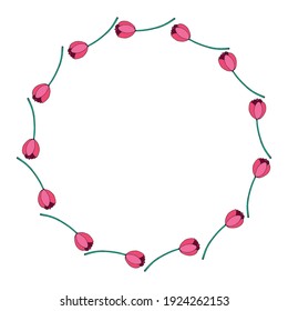 Vector round frame, wreath from red tulips on stem. Hand drawn holiday border isolated. Background for greeting card, invitation, wedding, birthday, Valentine's Day