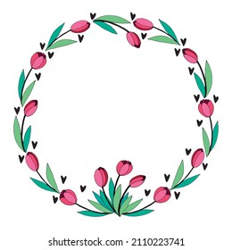 Marco redondo vectorial, corona de tulipanes rojos y corazones. Flores de primavera. Antecedentes, borde, decoración para la tarjeta de saludo, invitación, San Valentín, Día de la Mujer o de la Madre