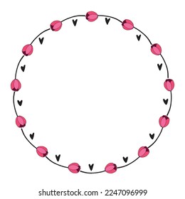 Marco redondo vectorial, corona de tulipanes rojos y corazones. Doodle dibujado a mano aislado. Antecedentes, frontera para la tarjeta de saludo, invitación, boda, cumpleaños, Día de San Valentín