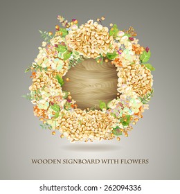 Vector round frame of yellow watercolor hydrangea and berries on wooden background. Illustration wreath of flowers. Can be used as a greeting card for Valentine's day, birthday, mother's day and so on