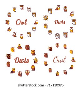 Vector round frames with owls icon. Cartoon style, flat vector illustration.