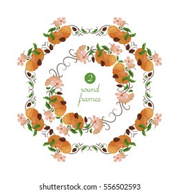 Vector round frames with peach, flower and seed