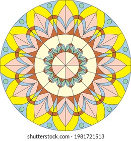 Vector round geometric colored ornament. Circle for stained glass or design. Ceiling and window decorative element