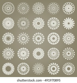 Vector round geometric elements collection, logo icon label design. Abstract signs symbols, stylized flowers, stars, spiral, circles ornaments set. Isolated gray shapes on a brown background