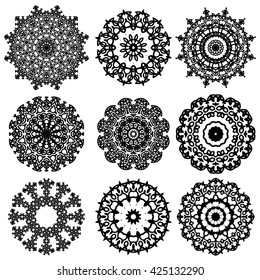 Vector Round Geometric Ornaments Set Isolated on White Background. Mandala or Snowflake Silhouette