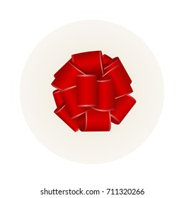 Vector  Round Gift Box with  Red  Satin Bow and Ribbon Top View Close up Isolated on white Background