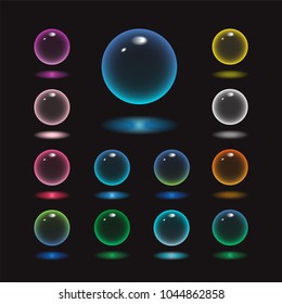 Vector round glass sphere icons set of 13 colors - transparent soft pastel colored bubbles collection on demonstrative black background