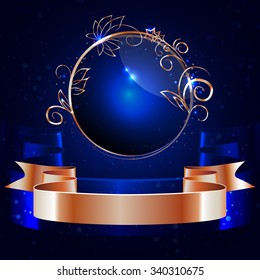vector ,round glossy label with a gold rim and gold shiny ribbon  ,decorative elements, on a dark blue background