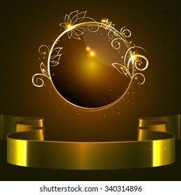 vector ,round glossy label with a gold rim and gold shiny ribbon  ,decorative elements, on a dark  gold background