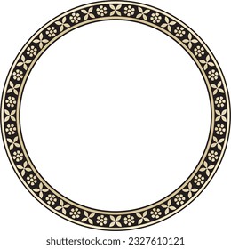 Vector de oro redondo y ornamento nacional indio negro. Círculo de plantas étnicas, frontera. Marco, anillo de flores. Cachorros y hojas.
