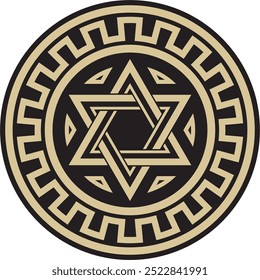 Vector round gold and black jewish national ornament. Star of David. Semitic folk circle, pattern. Israeli ethnic sign, ring.
