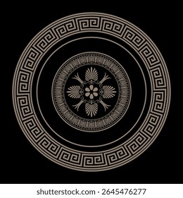 Vector round gold classic frame plate. Greek meander. Patterns of Greece and ancient Rome. Circle european border. Round antique border from Greek. Pattern frame for round surfaces, household utensils