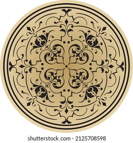 Vector round gold european national floral ornament. Classic pattern in a circle. Painted plate, tray. Ancient Greece, Roman Empire, Renaissance.
