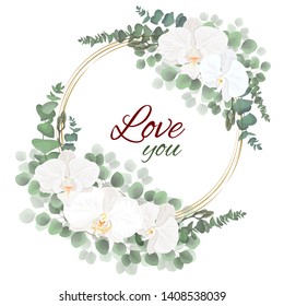 Vector round gold frame. Orchid flowers, eucalyptus, green leaves and plants. All elements are isolated.