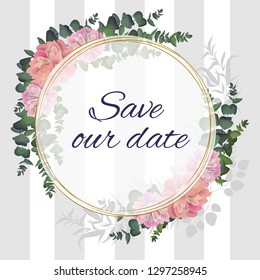 Vector round gold frame. Peony flowers, gray stripes background. All elements are isolated.