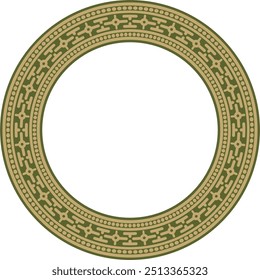 Vector round gold with green ancient Russian ornament. Slavic border, frame. Circle, ring. Painting of the royal chambers.
