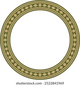 Vector round gold with green ancient Russian ornament. Slavic border, frame. Circle, ring. Painting of the royal chambers.
