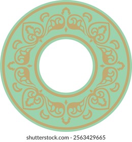 Vector round gold with green ancient Russian ornament. Slavic border, frame. Circle, ring. Painting of the royal chambers.
