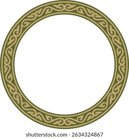 Vector round gold with green ancient Russian ornament. Slavic border, frame. Circle, ring. Painting of the royal chambers.

