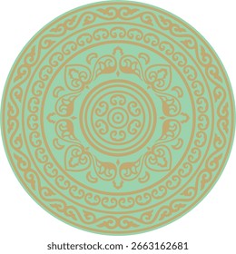 Vector redondo de oro con adorno ruso antiguo verde. Frontera eslava, marco. Círculo, anillo. Pintura de las cámaras reales.
