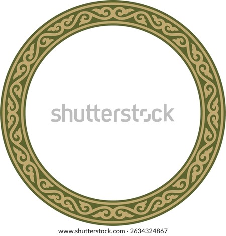 Vector round gold with green ancient Russian ornament. Slavic border, frame. Circle, ring. Painting of the royal chambers.
