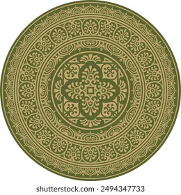 Vector round gold with green border, frame, Pompeii ring. Circle Neopolitan ornament. Art of Ancient Rome.
