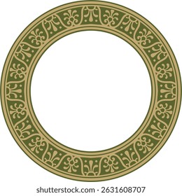 Vector round gold with green border, frame, Pompeii ring. Circle Neopolitan ornament. Art of Ancient Rome.
