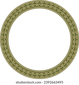 Vector de oro redondo y ornamento nacional indio verde. Círculo de plantas étnicas, frontera. Marco, anillo de flores. Cachorros y hojas.
