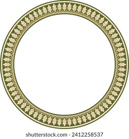 Vector round gold and green Indian national ornament. Ethnic plant circle, border. Frame, flower ring. Poppies and leaves.
