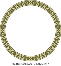 Vector round gold and green Indian national ornament. Ethnic plant circle, border. Frame, flower ring. Poppies and leaves.
