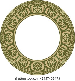 Vector redondo de oro y verde adorno nacional indio. Círculo étnico de plantas, frontera. Marco, anillo de flores. Amapolas y hojas.
