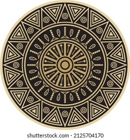 Vector round gold indian ornament. Totem in the circle of Native Americans. Geometric pattern of the peoples of South and Central America, Aztec, Maya, Incas.
