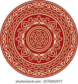 Vector round gold and red ancient Russian ornament. Slavic border, frame. Circle, ring. Painting of the royal chambers.
