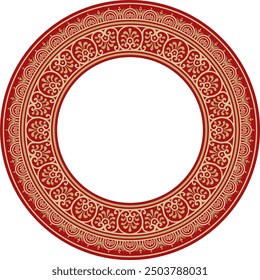 Vector round gold with red border, frame, Pompeii ring. Circle Neopolitan ornament. Art of Ancient Rome.
