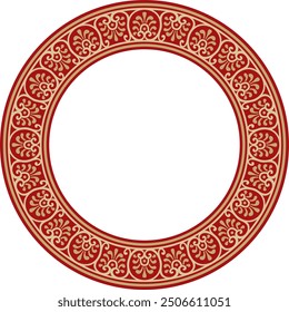 Vector round gold with red border, frame, Pompeii ring. Circle Neopolitan ornament. Art of Ancient Rome.
