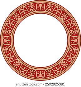 Vector round gold with red border, frame, Pompeii ring. Circle Neopolitan ornament. Art of Ancient Rome.
