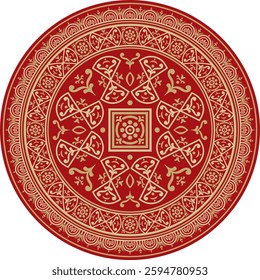 Vector round gold with red border, frame, Pompeii ring. Circle Neopolitan ornament. Art of Ancient Rome.
