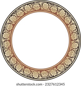 Vector round gold with red Indian national ornament. Ethnic plant circle, border. Frame, flower ring. Poppies and leaves.
