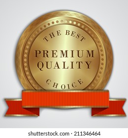Vector round golden badge label with red ribbon and text