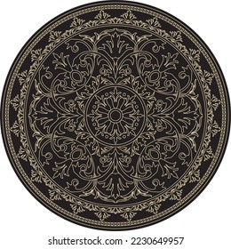 Vector round golden classic ornament. A circle with a europe gold pattern on the black background. Ceiling decoration, ancient Rome, Greece