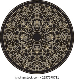 Vector round golden classic ornament. A circle with a europe gold pattern on the black background. Ceiling decoration, ancient Rome, Greece