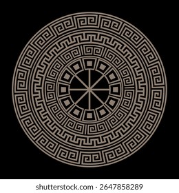 Vetor redonda dourado clássico padrão quadro placa. Quadro redondo grego. Padrão grego. Meandro grego. Padrões da Grécia, Roma antiga. Circular a fronteira europeia. Motivos típicos egípcios, assírios e gregos