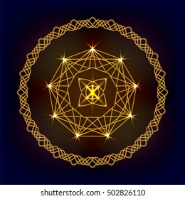 Vector round golden decorative symbol on dark background. Circle ornament. Gold flower in wave frame.  Design for logo, game, cover, card.