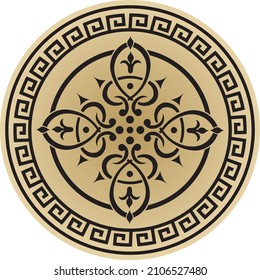 Vector round golden european pattern. Greek meander pattern. Circle with abstract floral roman ornament and border.
