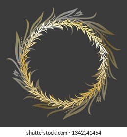 Vector round golden flower frame on dark background. Framing for greeting cards, motivational lettering and magic invitations. Eps-8