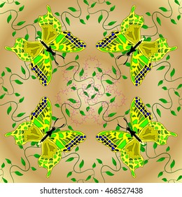 Vector round golden gradient with green branches and butterflies.