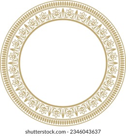 Vector round golden Indian national ornament. Ethnic plant circle, border. Frame, flower ring. Poppies and leaves.
