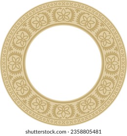 Vector round golden Indian national ornament. Ethnic plant circle, border. Frame, flower ring. Poppies and leaves.
