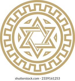 Vector alrededor del ornamento nacional judío dorado. Estrella de David. Círculo folclórico semita, patrón. Signo étnico israelí, anillo.
