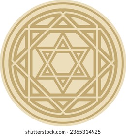 Vector round golden jewish national ornament. Star of David. Semitic folk circle, pattern. Israeli ethnic sign, ring.
